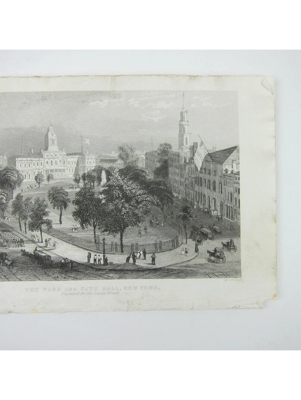 Antique Engraving Print Park & City Hall New York City For Ladies Wreath c1850